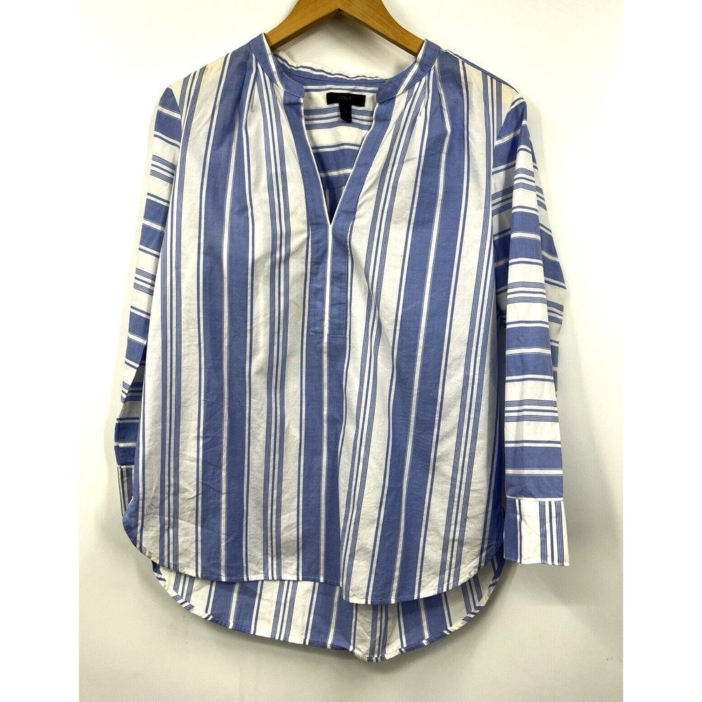 J Crew Top Womens Stripped V Neck Long Sleeve White Blue Shirt Size Medium - Picture 2 of 12